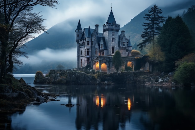 Foto gratuita vista del castello con lago e paesaggio naturale