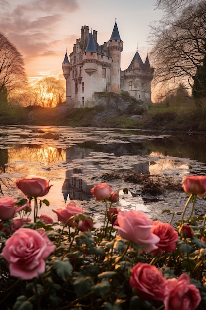 Free photo view of castle with lake and nature landscape