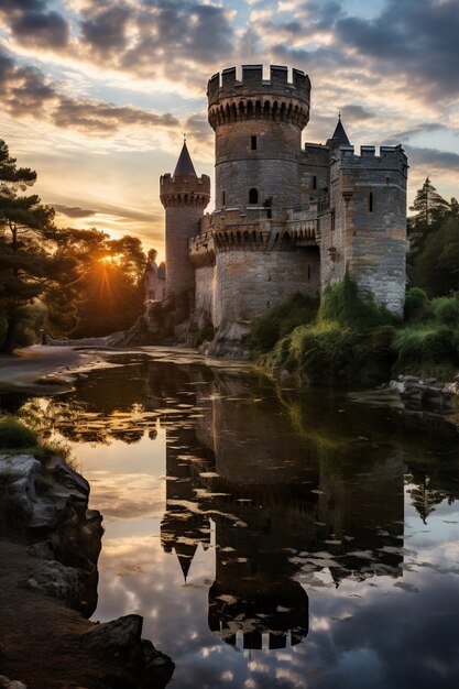 view of castle with lake and nature landscape