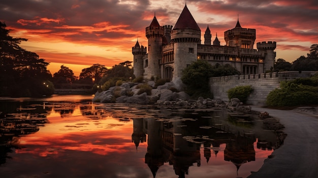 View of castle with lake and nature landscape