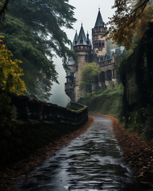 Free photo view of castle with nature landscape