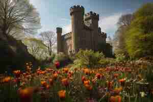 Free photo view of castle with nature landscape