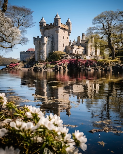 Free photo view of castle with nature landscape