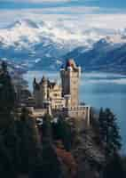 Free photo view of castle with winter nature landscape