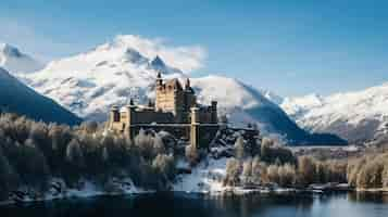 Foto gratuita veduta del castello con paesaggio naturale invernale