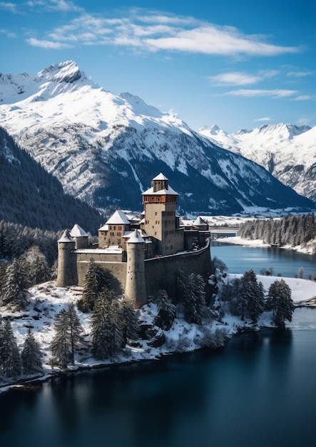 Free photo view of castle with winter nature landscape