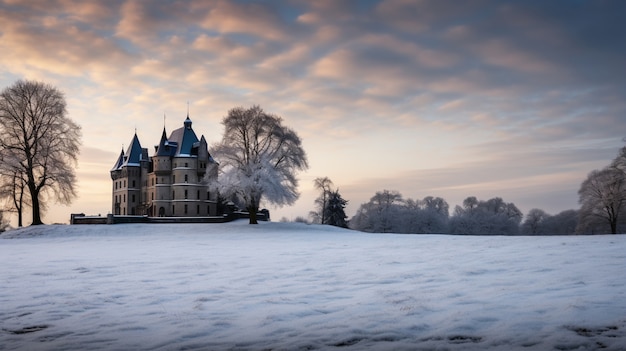 Foto gratuita veduta del castello con paesaggio naturale invernale