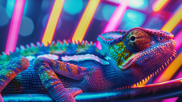 Free Photo view of chameleon with bright neon colors
