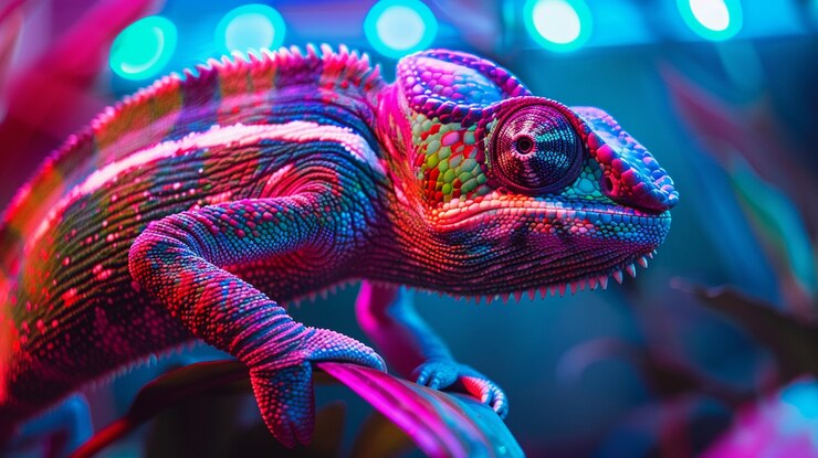 Free Photo view of chameleon with bright neon colors