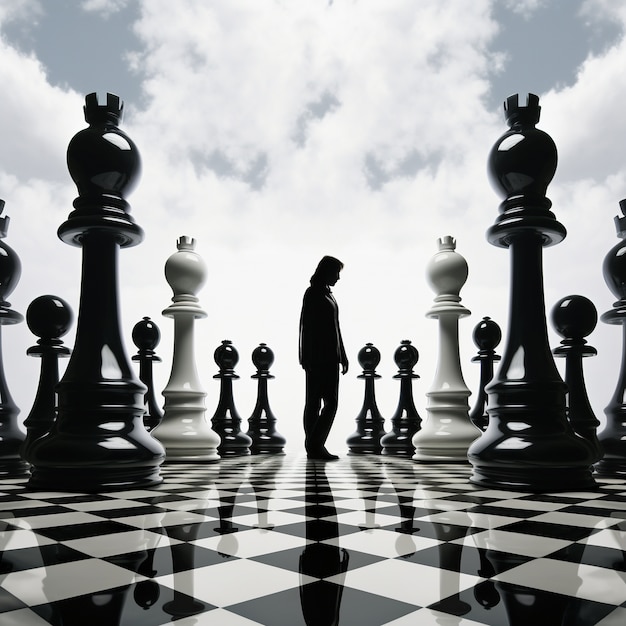 Free photo view of chess pieces with dramatic and mystical background