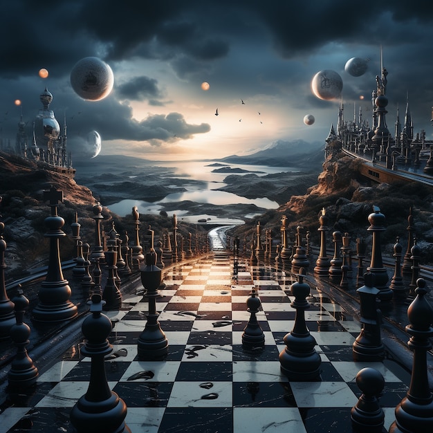 View of chess pieces with dramatic and mystical background