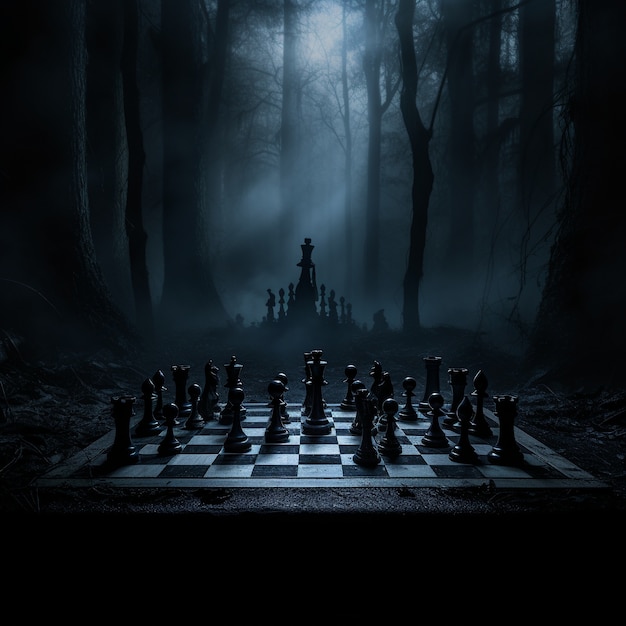 Free photo view of chess pieces with dramatic and mystical background