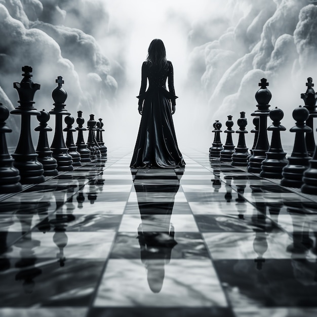 Free photo view of chess pieces with dramatic and mystical background