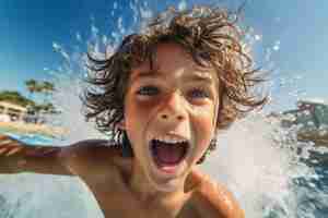 Free photo view of child having fun at the aqua park