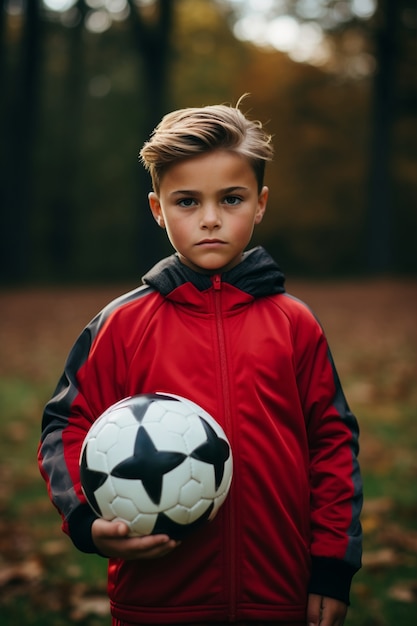 Free photo view of child soccer player with ball