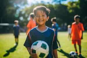 Foto gratuita vista del calciatore bambino con la palla