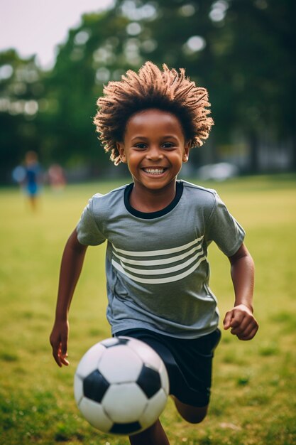 サッカーボールを持つ子供の眺め