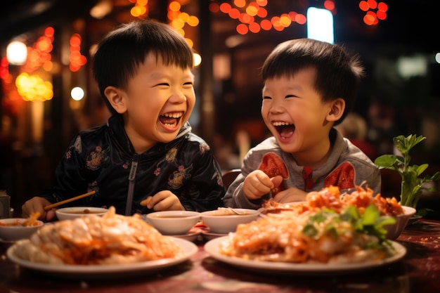 中国の新年再会ディナーに出席する子供たちの景色