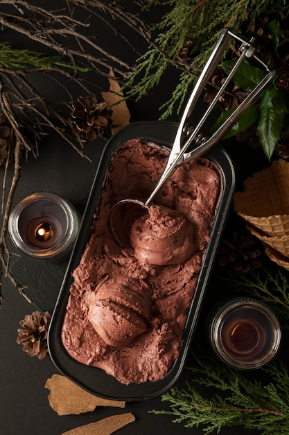 Шоколадное мороженое в лотке, вид сверху
