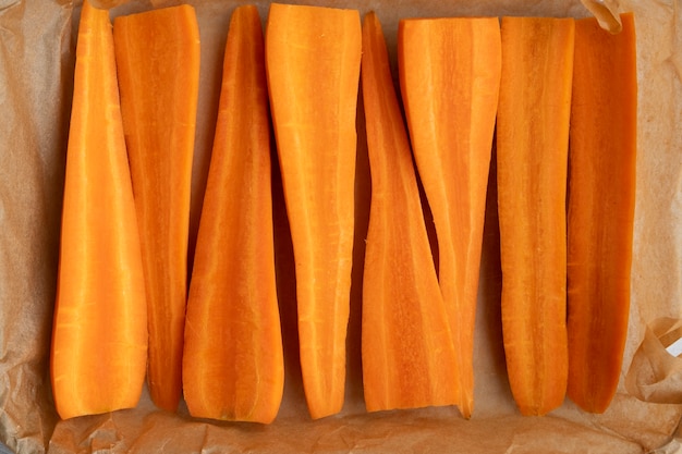 Free photo view of chopped carrots in baking tray