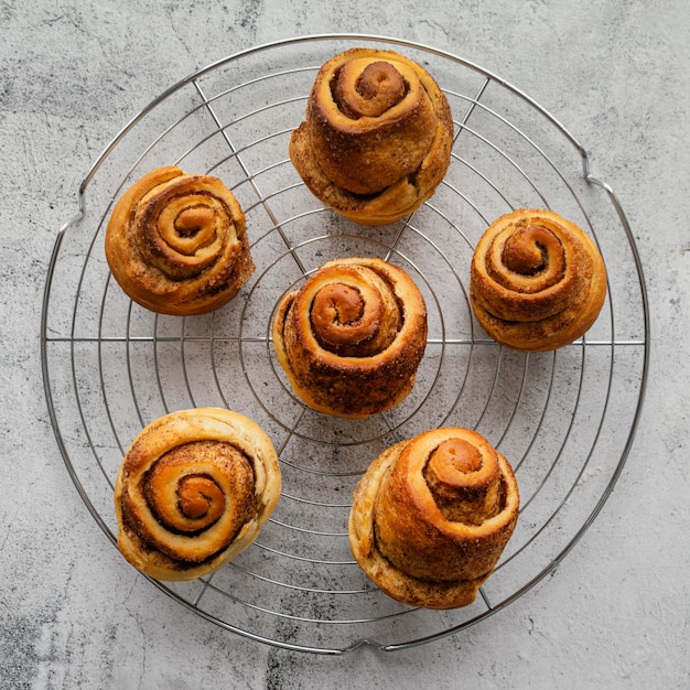 Above view cinnamon rolls arrangement