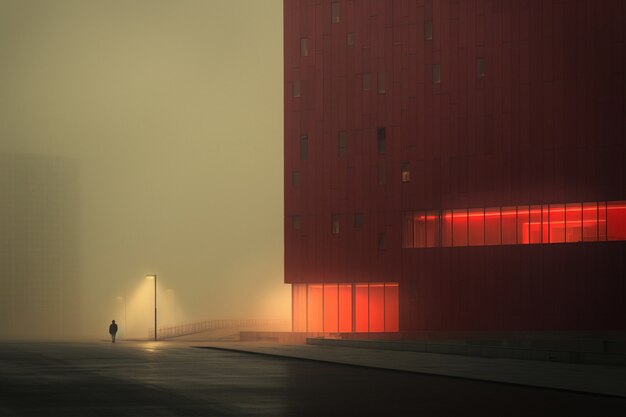 View of city architecture with fog