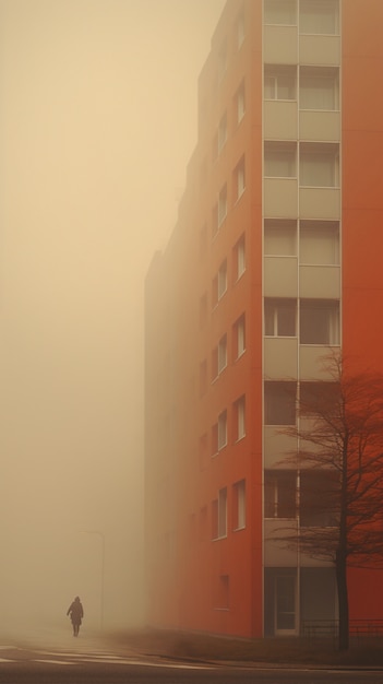 View of city architecture with fog