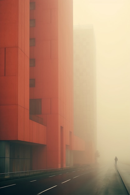 View of city architecture with fog