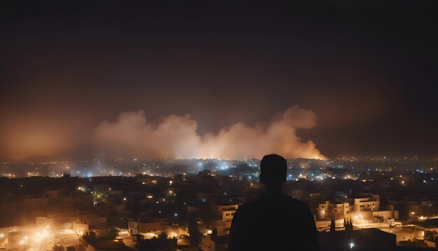 Foto gratuita vista della città di notte con un uomo in piedi in primo piano