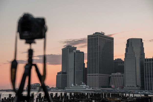 View of city skyline with defocused camera