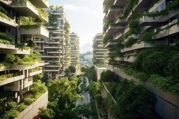 View of city with apartment buildings and green vegetation