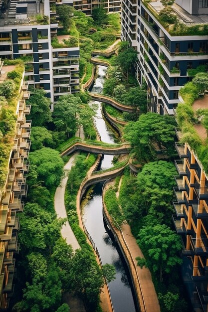 アパートの建物と緑豊かな植生のある都市の眺め