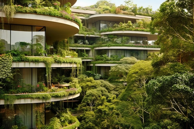 アパートの建物と緑豊かな植生のある都市の眺め