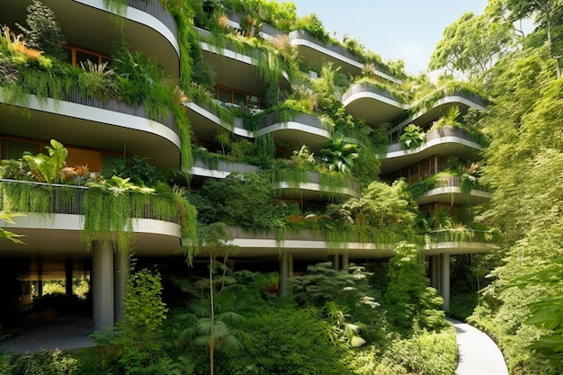 아파트 건물과 녹색 초목이 있는 도시의 전망