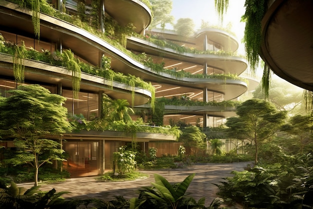 アパートの建物と緑豊かな植生のある都市の眺め