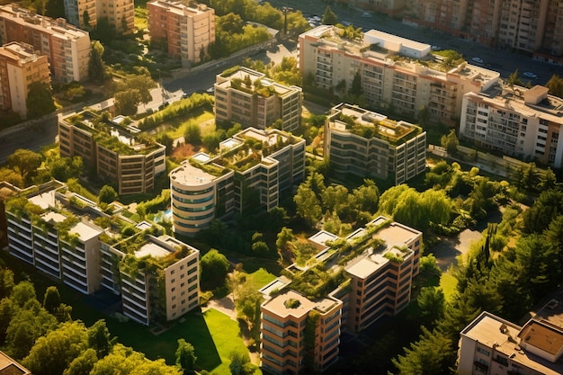 View of city with apartment buildings and green vegetation