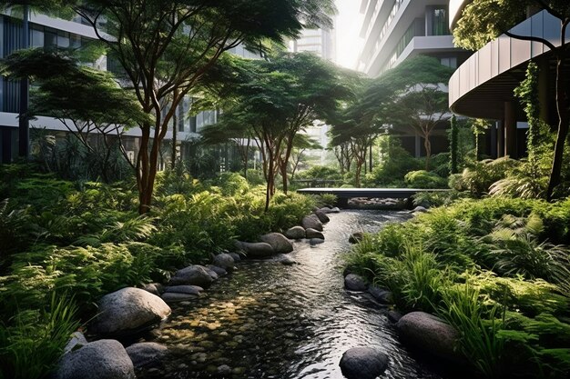아파트 건물과 녹색 초목이 있는 도시의 전망
