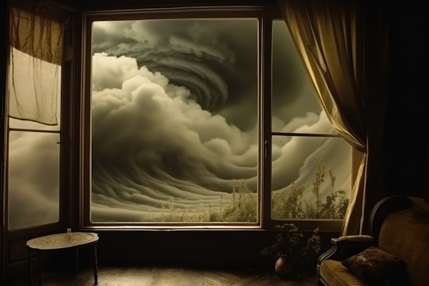 Free photo view of clouds in dark style through house window