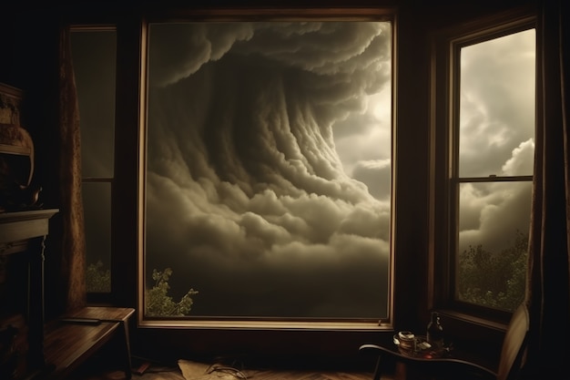 집 창문 을 통해 어두운 스타일 의 구름 을 볼 수 있다