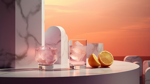 View of cocktail beverage in glass with abstract neo-futuristic set