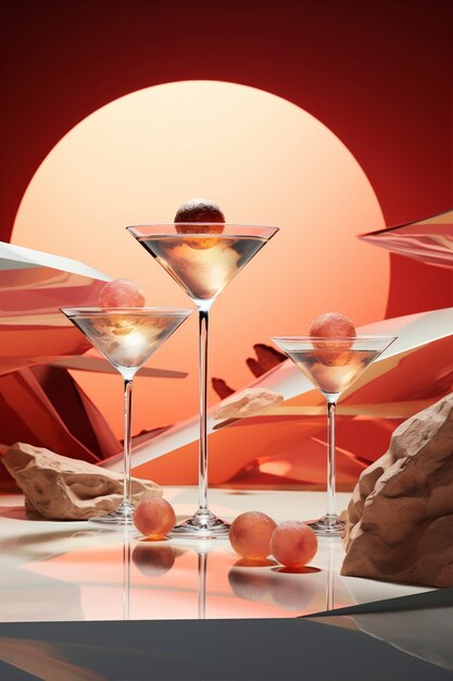 View of cocktail beverage in glass with abstract neo-futuristic set