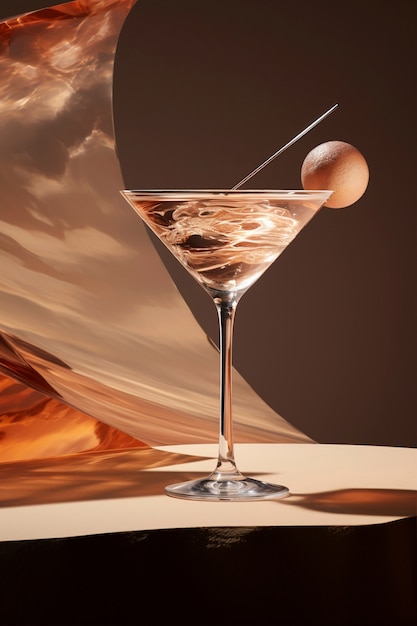 View of cocktail beverage in glass with abstract neo-futuristic set