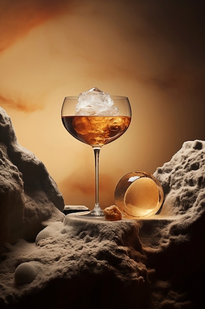 View of cocktail beverage in glass with abstract neo-futuristic set