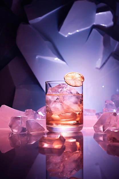 Вид на коктейльный напиток в стакане с абстрактным неофутуристическим набором