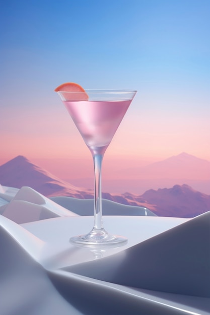 View of cocktail beverage in glass with neo-futuristic set