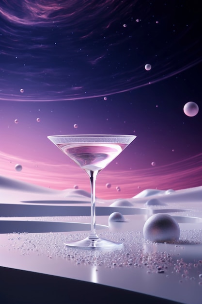 View of cocktail drink in glass with neo-futuristic set