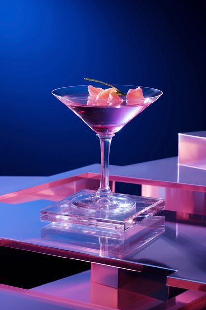 View of cocktail drink in glass with neo-futuristic set