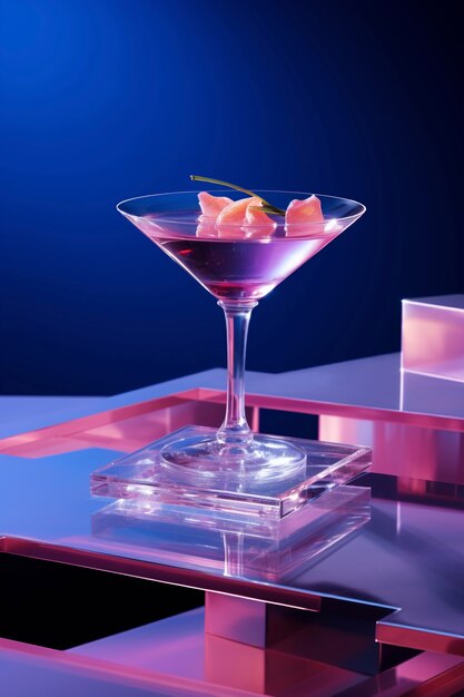 Вид на коктейльный напиток в стакане с неофутуристическим набором