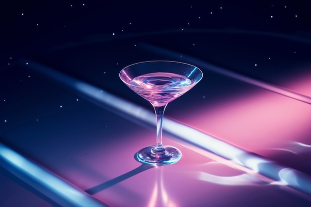 View of cocktail drink in glass with neo-futuristic set