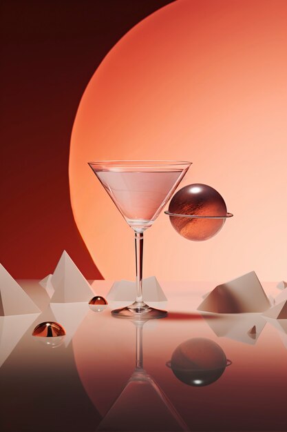 View of cocktail drink in glass with neo-futuristic set